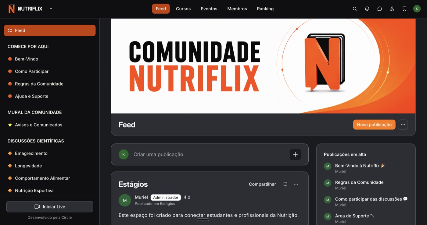 Comunidade Nutriflix — feed, discussões científicas, lives